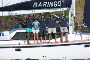 delighted crew having crossed finishing line after 19 days at sea.