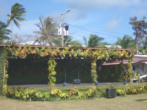 stage decorated with leaves for show.